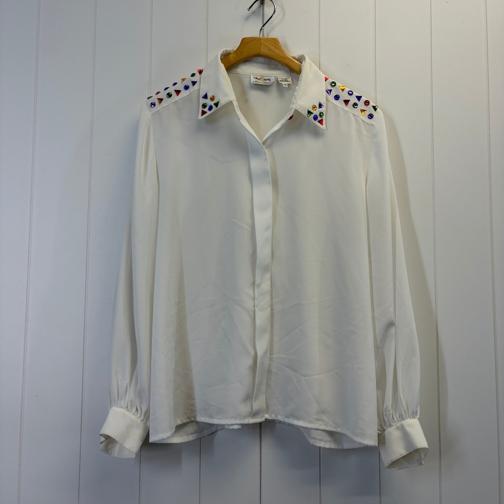 Oleg Cassini 80s 90s Eclectic Jewel Blouse Womens Size 16 Secretary Dopamine